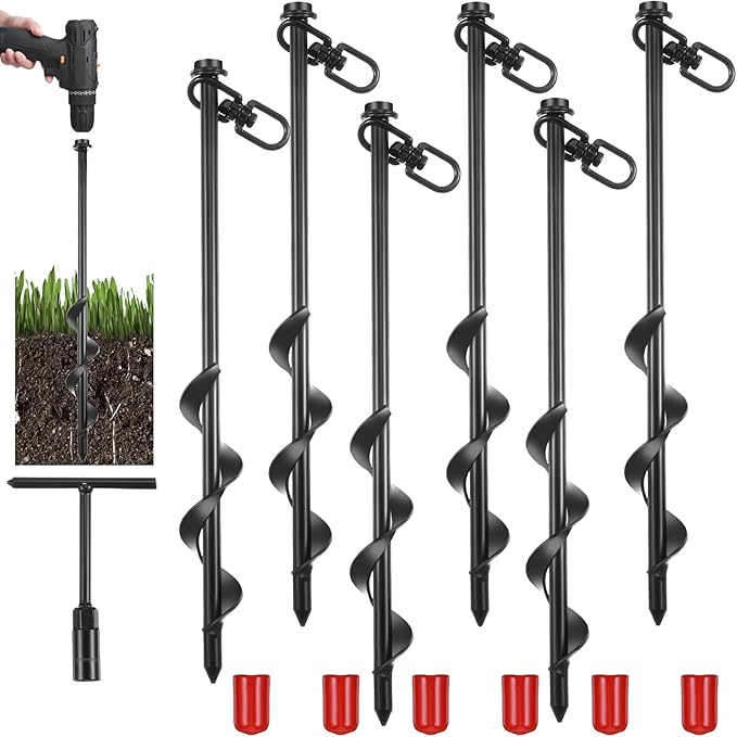 Reginary 6 Pcs Ground Anchors Screw in Tent Stakes Heavy Duty Trampoline Anchors High Wind for Camping Canopy Carport Sheds Beach Sand Stakes Metal Swing Set (Black)