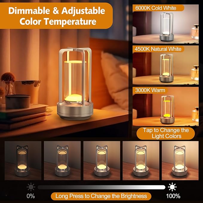 Portable Table Lamp for Outdoor Indoor: Cordless Rechargeable Desk Lamp with 3 Color Stepless Dimmable - Metal Battery Operated Small Lantern Light for Restaurant/Bedroom/Bar/Coffee Shop/Camping