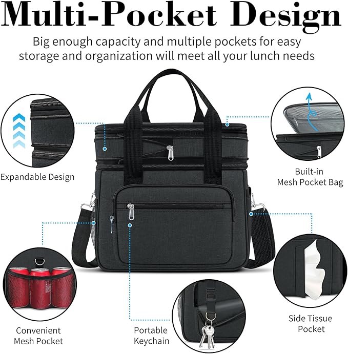 Coobiiya Lunch Box for Men Expandable Lunch Bag, 23L Large Cooler Lunch Box, Insulated Lunch Bag for Work/Adult with 4 Ice Packs&2 Snack Bags Double Deck Leakproof Heavy Duty bags for Women- Black