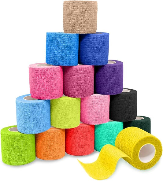 FriCARE Self Adhesive Bandage Wrap, Medical Tape in First Aid Kit, Cohesive Bandages for Wounds Sport Vet, FSA/HSA Eligible, 2 Inches X 5 Yards 16 Rolls, Vivid