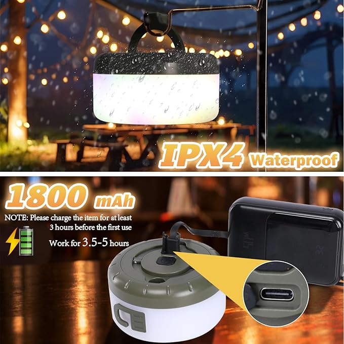 Camping String Lights, 2 in 1 Outdoor Rechargeable LED Fairy Lights With 5 Lighting Modes(26.3ft), Portable IPX4 Waterproof Tent Light for Outdoor Indoor Camping Party RV Decor (Multicolor Light)