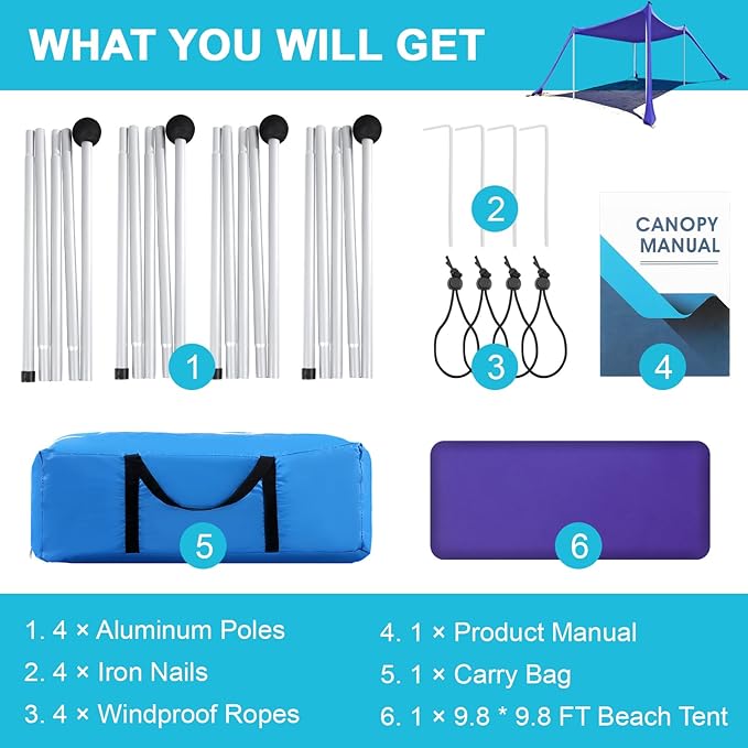 Beach Tent - 10 x 10 FT Beach Canopy, Portable Beach Tent Sun Shelter UPF50 with 4 Sandbags, Stability Poles, Ground Pegs and Anti-Wind Ropes, Outdoor Beach Shade Canopy for Beach Camping Picnics