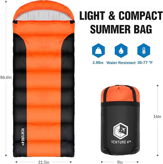 VENTURE 4TH Backpacking Sleeping Bag – XXL, Double and Single Sizes - Lightweight Warm & Cold Weather Sleeping Bags for Adults, Kids & Couples – Ideal for Hiking, Camping & Outdoor Adventures