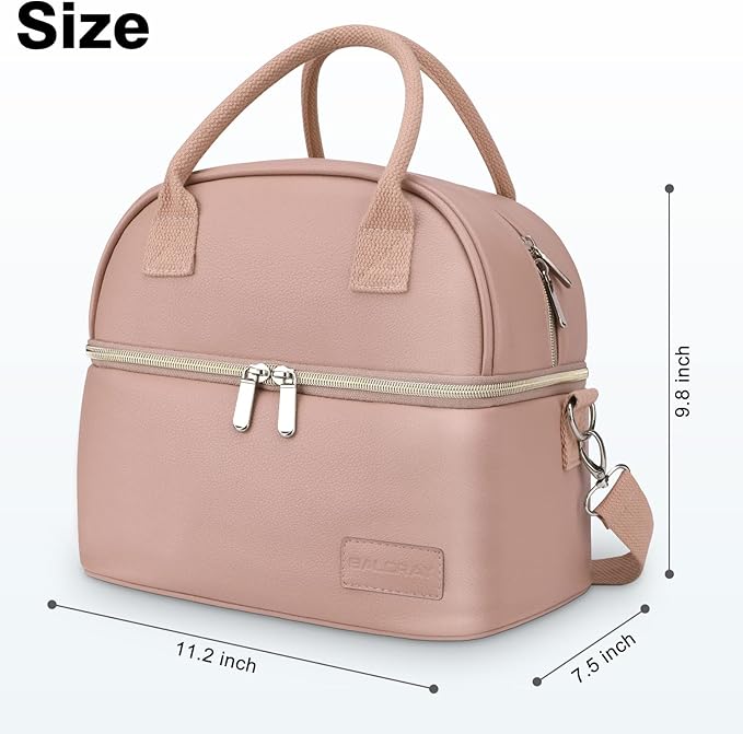 BALORAY Lunch Bag for Women Men, Double Deck Lunch Box for Adults, PU Leather Lunch Tote Bag Insulated Lunch Bags with Strap for Work Office Picnic