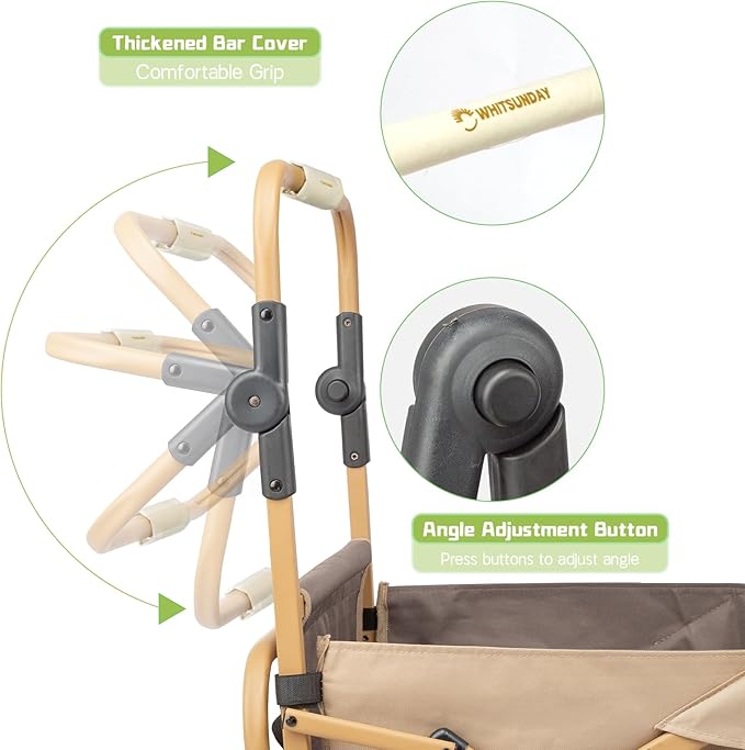 Whitsunday Collapsible Folding Beach Wagon Cart, Double Push Bar Wagon with Tailgate, 360° Rotating Wheels Heavy Duty Utility Camping Grocery Wagon with Wheels Khaki
