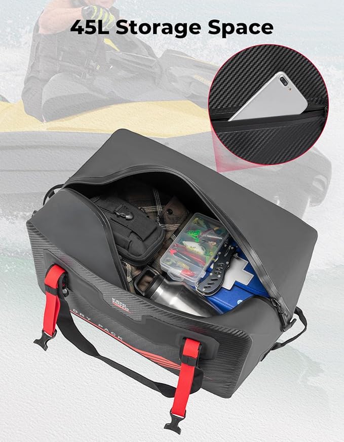 KEMIMOTO Waterproof Duffle Bag 45L Heavy Duty Marine Dry Bags Backpack Jet Ski Tail Bag Large Storage Gear Travel Luggage For Boat With Air Valve & Quick-Fixed Straps Compatible With Sea-Doo LinQ