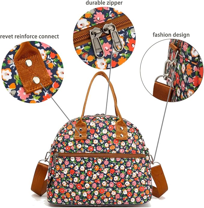 FlowFly Insulated Lunch Bag With Shoulder Strap for Women, Men, and Kids, Large and Reusable, Handle, Freezable Work and School Travel Tote and Meal Prep Organizer,Floral