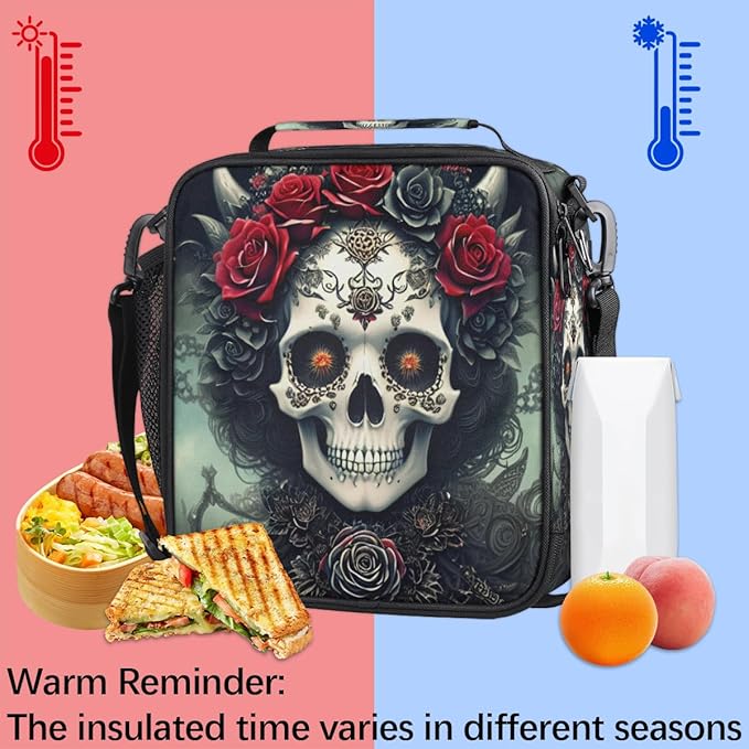 Goth Skull Insulated Lunch Bag for Girls Boys Teen Skeleton Flower Reusable Lunch Box with Shoulder Strap Freezable Thermal Cooler Bag Meal Prep Boxs for School Travel Picnic Beach Lunch Pail