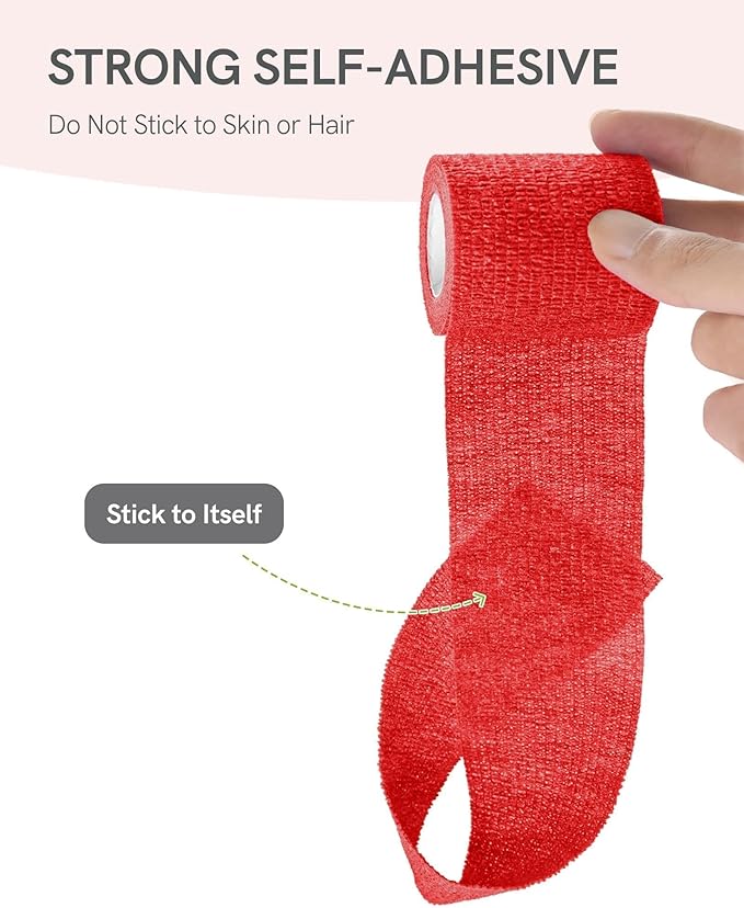 FriCARE Self Adhesive Bandage Wrap, Medical Tape in First Aid Kit, Cohesive Bandages for Wounds Sport Vet, FSA/HSA Eligible, 2 Inches X 5 Yards 6 Rolls, Red