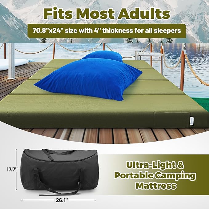 Memory Foam Camping Mattress Pad, Portable Roll Up Pads for Adults, Sleeping pad for Camping Bed, Car Bed Mat with Travel Bag- Green