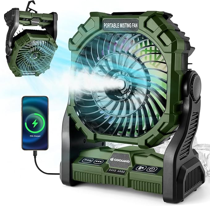 Odoland Bundle - 2 Items Portable LED Camping Lantern ＆ Portable Misting Fan with Light & 250mL Water Tank