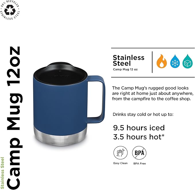 Klean Kanteen Camp Mug - Stainless Steel, Vacuum Insulated Coffee Mug - For Hot & Cold Drinks - With Splash-Proof Lid - Dark Denim, 12 oz