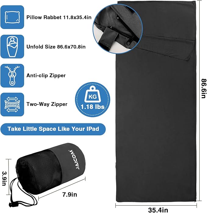 Sleeping Bag Liner, Travel Sheets & Adult Sleep Sack, Ultralight and Portable Summer Sleeping Bag - Ideal for Backpacking, Hotels and Hostels, Business Trips, Camping