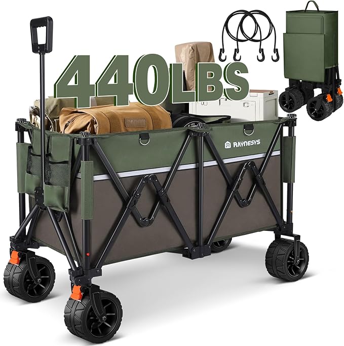 Wagons Carts 440 lbs Foldable Beach Cart with Big Wheel for Sand, Heavy Duty 200L Capacity Collapsible Wagon for Camping, Sports, Shopping, Army Green + Brown