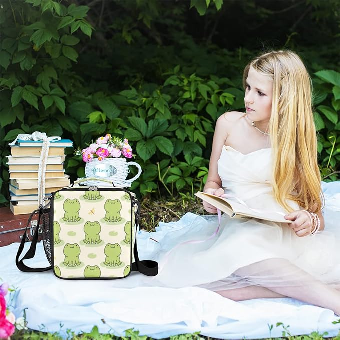 Pardick Cute Frog Kids Lunch Bag Animal Green Frogs Insulated Lunch Box for Boys Girls Waterproof Lunch Bento Tote Bags Thermal Lunchbox School Lunchbox Insulated with Shoulder Strap