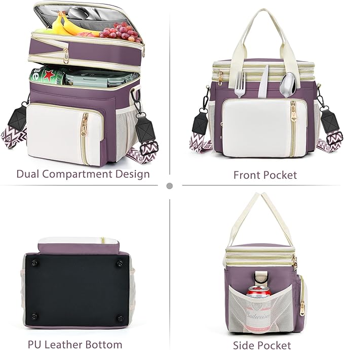 LOKASS Lunch Box for Women/Men-16L-Insulated Lunch Bag, Expandable Double-layer Leakproof Cooler Bag with Upgrade Adjustable Shoulder Strap Ideal for Work/Travel/Picnics（Dark Pink）