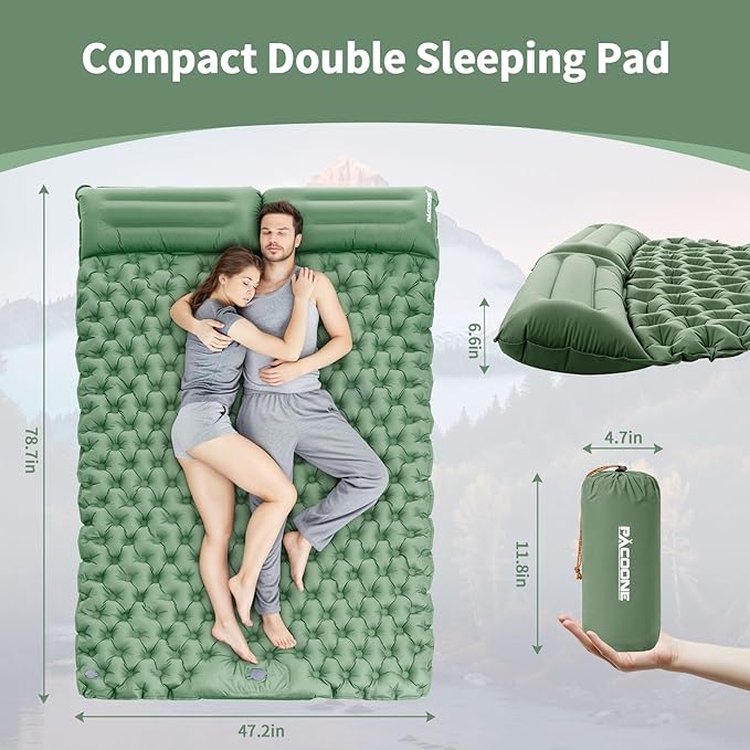 Camping Double Sleeping Pad,Ultralight Self Inflating Sleeping Mat for 2 Person with Pillow Built-in Foot Pump,Portable Camping Air Mat for Backpacking, Hiking, Traveling, Tent(Green)