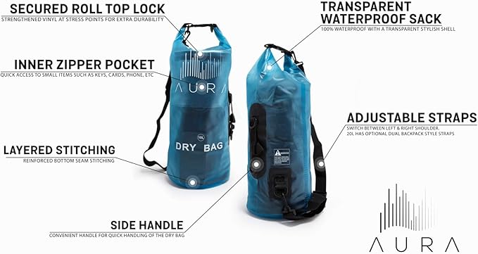 Waterproof Semi-transparent Dry Bag - 10L/20L Dry Bag Backpack - Zipper Compartment, Handles, Straps - Black, Blue, Green, Red - Transparent Dry Bag for Kayaking, Swimming, Beach, Rafting