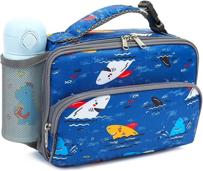 FlowFly Kids Lunch box Insulated Soft Bag Mini Cooler Back to School Thermal Meal Tote Kit for Girls, Boys, Colorful-Shark