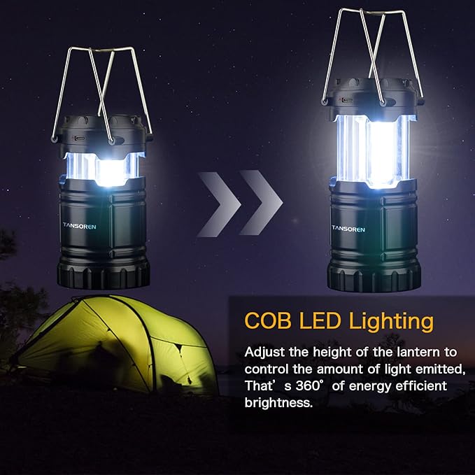 Solar USB Rechargeable COB LED 3 AA Power Camping Lantern with Magnetic Base, Charging for Android, Waterproof Collapsible Emergency LED Light(2 Pack)