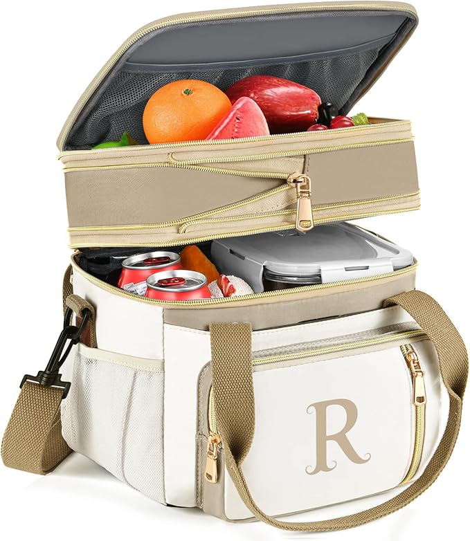LOKASS Personalized Lunch Bag for Women Work, 16L Initial Insulated Lunch box for Adult/Womens Gift, Leakproof Personalized Gift Lunchbag with Adjustable Shoulder Strap, Cooler Bag Beige - R