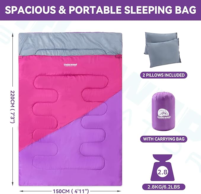 Double Sleeping Bag for Adults Kids - Lightweight 2 Person Sleeping Bag with Pillow, Queen Size Waterproof Camping Sack Two Person for Girls, Boys, Youths, Teens, Compact for Cold Weather & Warm