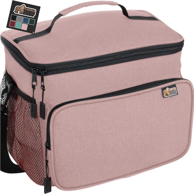 GORILLA GRIP Reusable Insulated Lunch Box Bag for Women Men,15L, Leakproof XL Soft Cooler Bags, Multiple Compartments, Mesh Pockets and Adjustable Strap, Food Tote Keeps Drinks Cold, 13x9, Pink