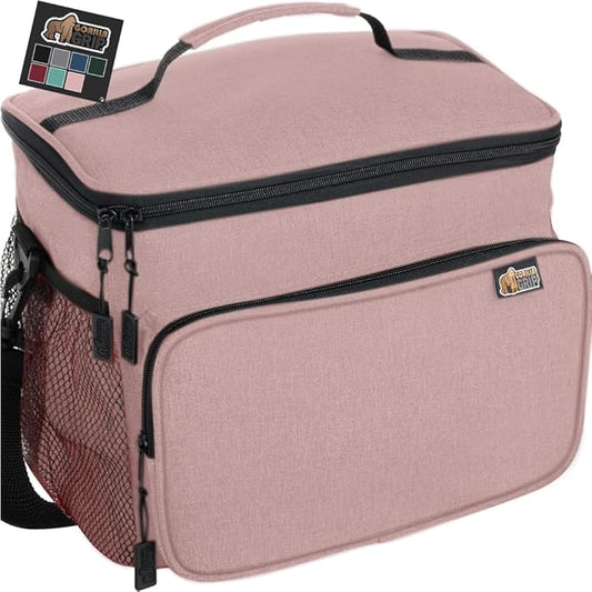 GORILLA GRIP Reusable Insulated Lunch Box Bag for Women Men,15L, Leakproof XL Soft Cooler Bags, Multiple Compartments, Mesh Pockets and Adjustable Strap, Food Tote Keeps Drinks Cold, 13x9, Pink