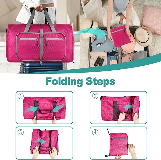 Dimayar Travel Duffle Bag for Men Women - Foldable Duffel Bag with Shoes Compartment - Overnight Bags Waterproof & Tear Resistant(65L,Fuchsine)