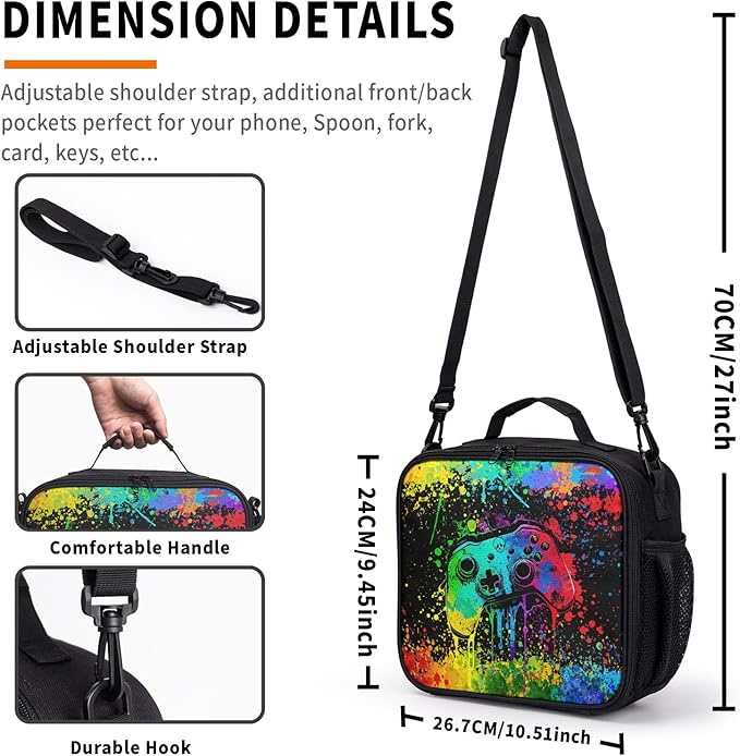 Graffiti Game Pattern Lunch Bag Watercolor Doodle Game Lunch Boxes for Women/Man Office Work Travel School Work Picnic Durable Reusable Insulated Large Lunch Tote Bag with Adjustable Shoulder Strap