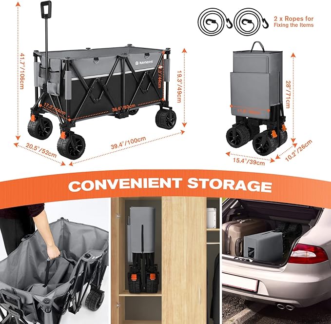 Collapsible Foldable Wagons, 440 lbs Weight Capacity Beach Wagon with Big All-Terrain Wheels, Heavy Duty Foldable Wagon,Utility Carts for Outdoor, Sports, Shopping, Camping, Black & Gray
