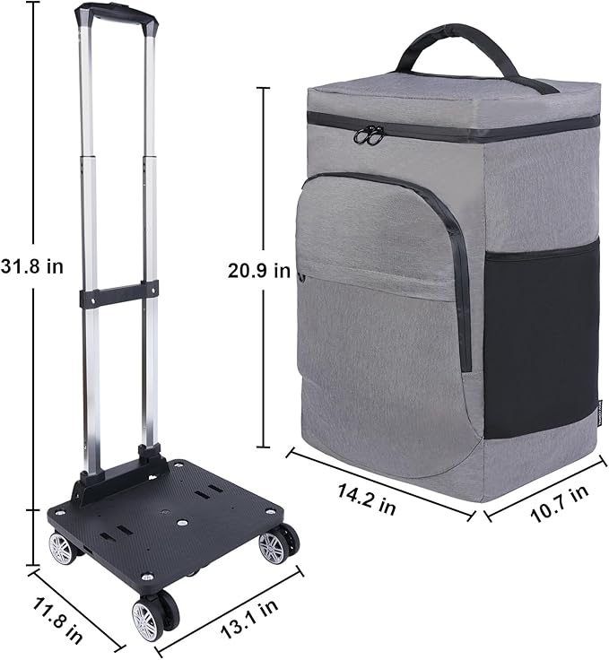 Cooler Bag Wheeled，Large Removable Insulated Rolling Cooler Collapsible Leakproof Portable Hard Framed Ice Packs for Camping Picnic Beach Travel（Gray）