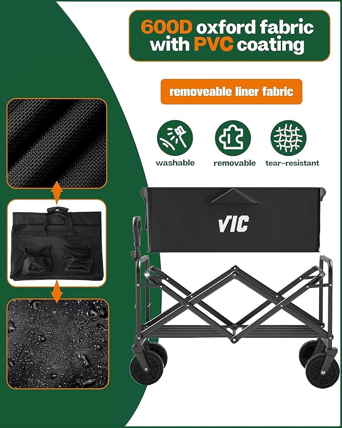 VIC Beige Collapsible Folding Wagon, Beach Wagon Cart Heavy Duty 170LBs Foldable, Utility Grocery Wagon with Side Pocket for Camping Garden Sports, L4