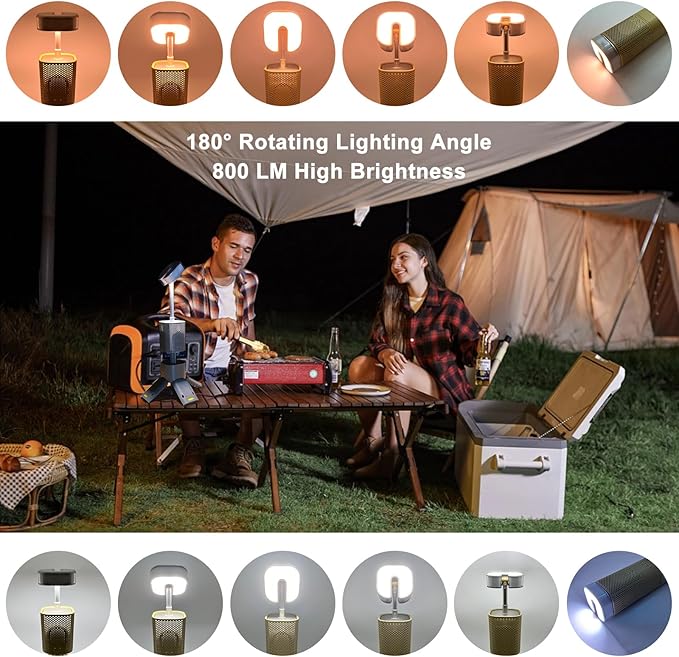 Camping Lantern, 14000mAh Rechargeable Telescopic Camping Lights Built-in Magnetic Stand with Speaker, Portable Waterproof Outdoor LED Flashlight for Emergency, Hiking, Camping, Fishing -Khaki