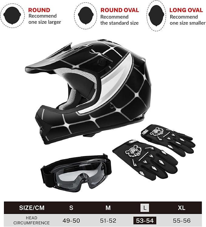 TCT-MOTORPARTS DOT Youth Kids Motocross ATV Helmets Offroad Street Dirt Bike Go-Kart BMX MX Full Face Helmet Black Spider Large Size