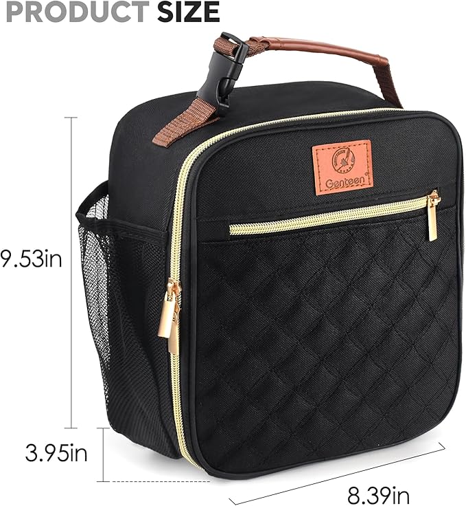 Lunch Box Reusable Lunch Bag for Men Women Kids Adults,Insulated Lunch Bag Waterproof Lunch Boxes Cooler,Small LunchBox With Side Pockets for Work Office School Travel Picnic-Black