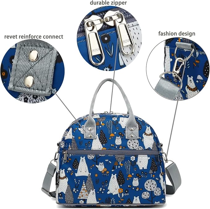 FlowFly Insulated Lunch Bag With Shoulder Strap for Women, Men, and Kids, Large and Reusable, Handle, Freezable Work and School Travel Tote and Meal Prep Organizer,Owl