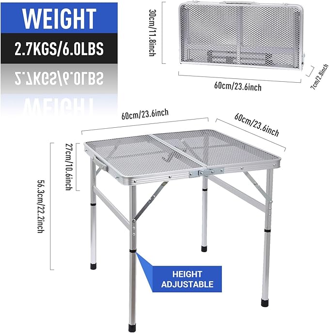 Nice C Square Table for Grill, Folding Table, Camping Table, Outdoor Table, Card Table, Height Adjustable, Mesh Bag Lightweight, Carry Handle, Aluminum (23.6"x23.6" White)