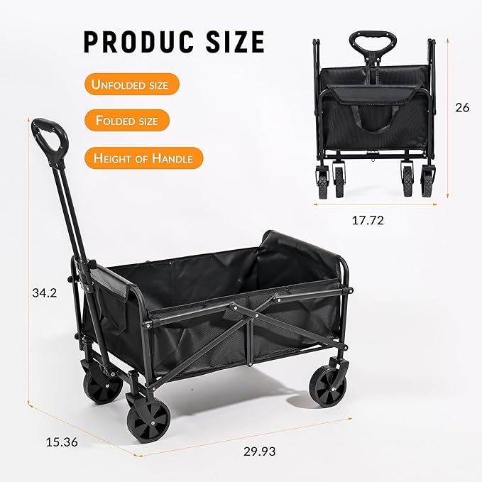 Collapsible Foldable Wagon, Heavy Duty Folding Utility Garden Cart Wagon for Sports, Camping, Garden, and Shopping, Black (5 Inches)