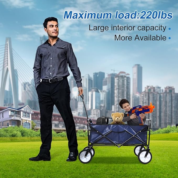 YSSOA Rolling Collapsible Garden Cart Camping Wagon, with 360 Degree Swivel Wheels & Adjustable Handle, 220lbs Weight Capacity,Blue