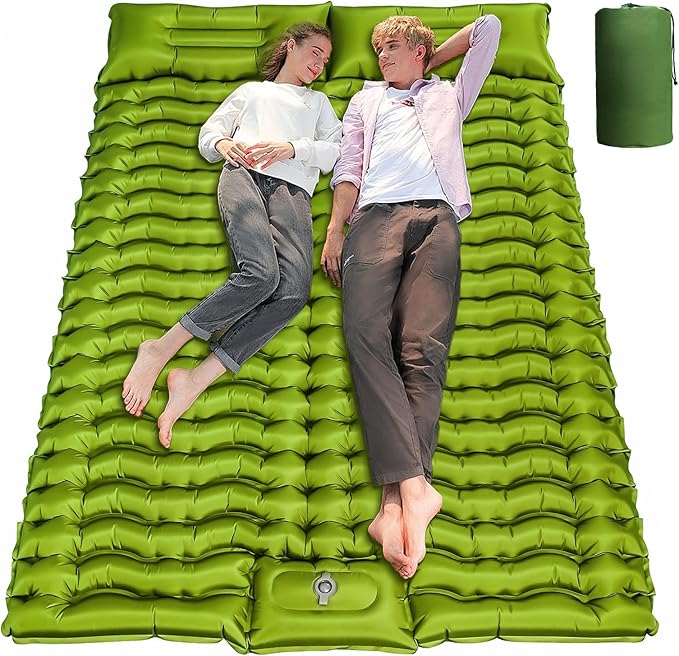 Double Sleeping Pad for Camping, Self Inflating 4" Extra-Thick Camping Mattress Pad 2 Person with Pillow, Built-in Foot Pump, Ultralight Camping Bed Mat for Backpacking Hiking Traveling Tent