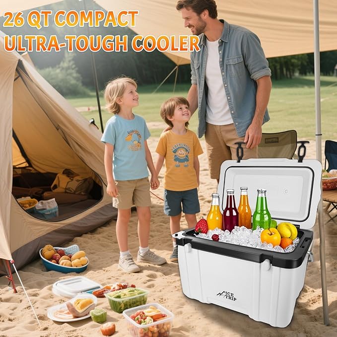 26 Quart Ultra-Light Insulated Rotomolded Hard Cooler, Portable Ice Chest Lunch Box for Drink, for Camping, Travel, Outdoor, Premium Everyday Use Ice Retention Cooler, 5 Day Cold Retention