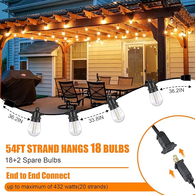 DGE Outdoor LED String Lights 54 FT Patio String Light Shatterproof & Waterproof IP65, 18 AWG UL Listed Wire Bright String Light for Patio, Backyard, Gazebo, Porch, Wedding Party