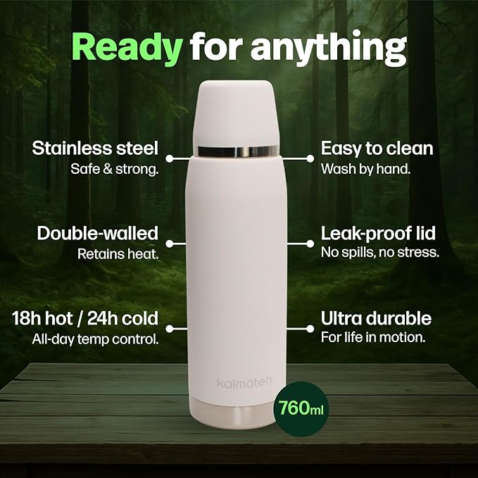 KALMATEH Thermal Double Walled Vacuum Insulated Stainless Steel Beverage Bottle 760ml, Precise Pouring & Heat Retention For Coffee, Tea, Yerba Mate and Camping