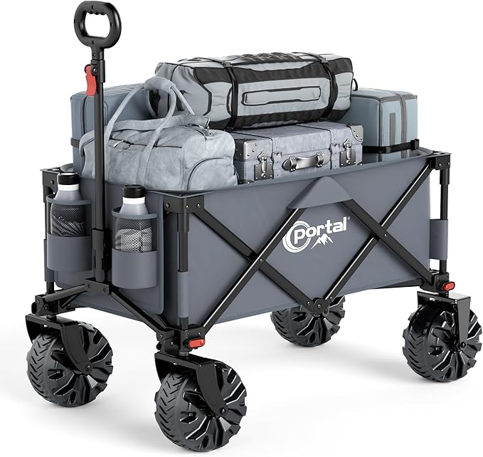 PORTAL Collapsible Folding Utility Cart, Heavy Duty Foldable Wagon with All Terrain Wheels, Large Capacity Beach Cart for Camping, Garden, Shopping, Groceries, Grey