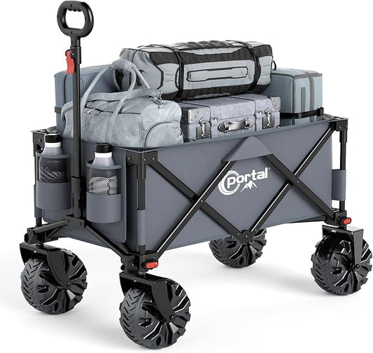 PORTAL Collapsible Folding Utility Cart, Heavy Duty Foldable Wagon with All Terrain Wheels, Large Capacity Beach Cart for Camping, Garden, Shopping, Groceries, Grey