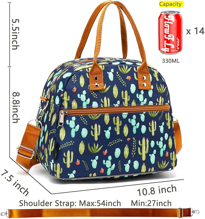 FlowFly Insulated Lunch Bag With Shoulder Strap for Women, Men, and Kids, Large and Reusable, Handle, Freezable Work and School Travel Tote and Meal Prep Organizer,Cactus
