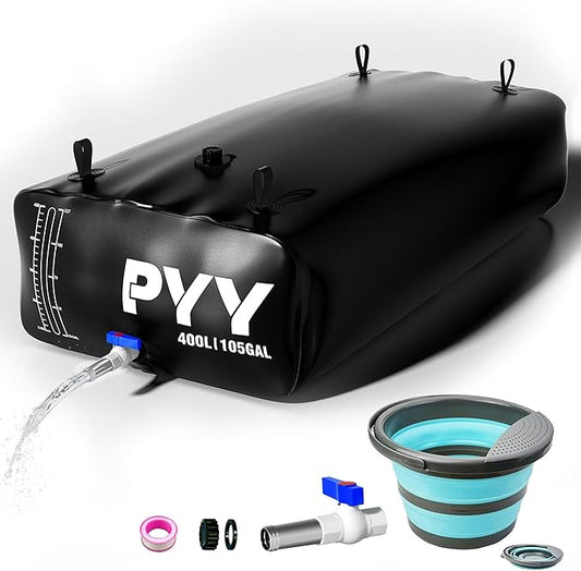 PYY Portable 105 Gallon Water Bladder - Truck Bed,Carrier Cart Large Water Bob Bathtub Emergency Water Bladders for Outdoor RV & Car Camping,Water Bladder Tank with Spigot,Overflow Kit-Black 400L