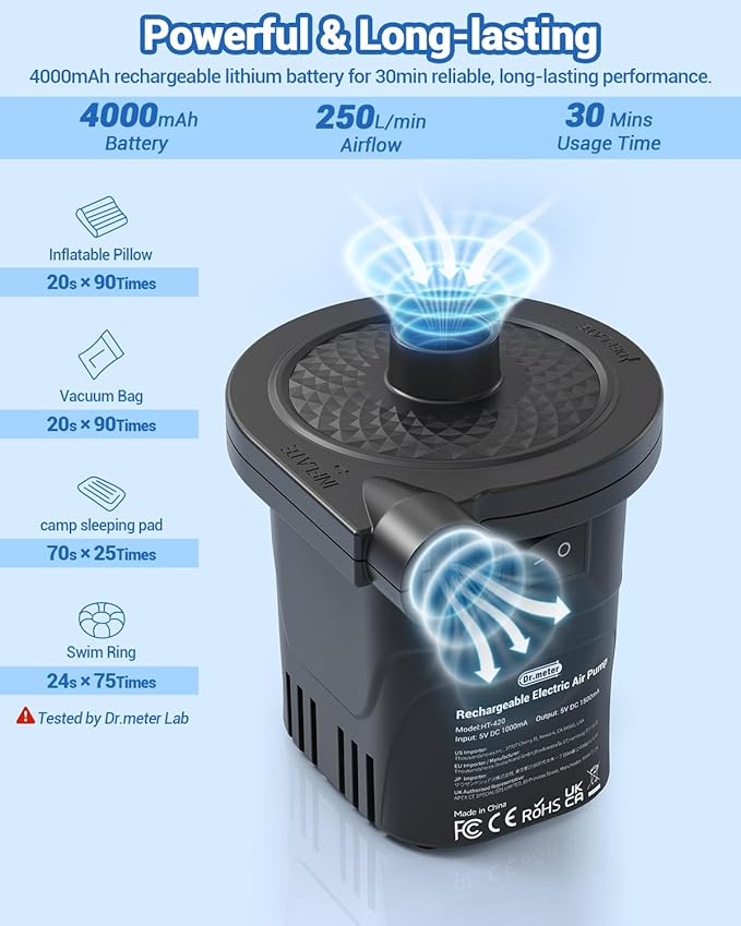 Dr.meter Air Pump for Inflatables, Rechargeable 4000mAh Battery Air Mattress Pump - Portable Quick-Fill Inflator Deflator for Outdoor Camping Inflatable Pool Float Boat Raft Yoga Ball Swim Ring Airbed