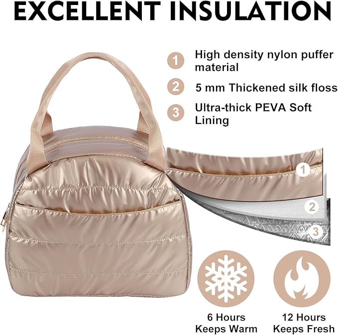Lunch Bag Lunch Box for Women Men Adult Insulated Cute Small Quilted Puffer Lunchbox Reusable Thermal Lunch Cooler Tote Bag for Work, Picnic or Travel-Gold